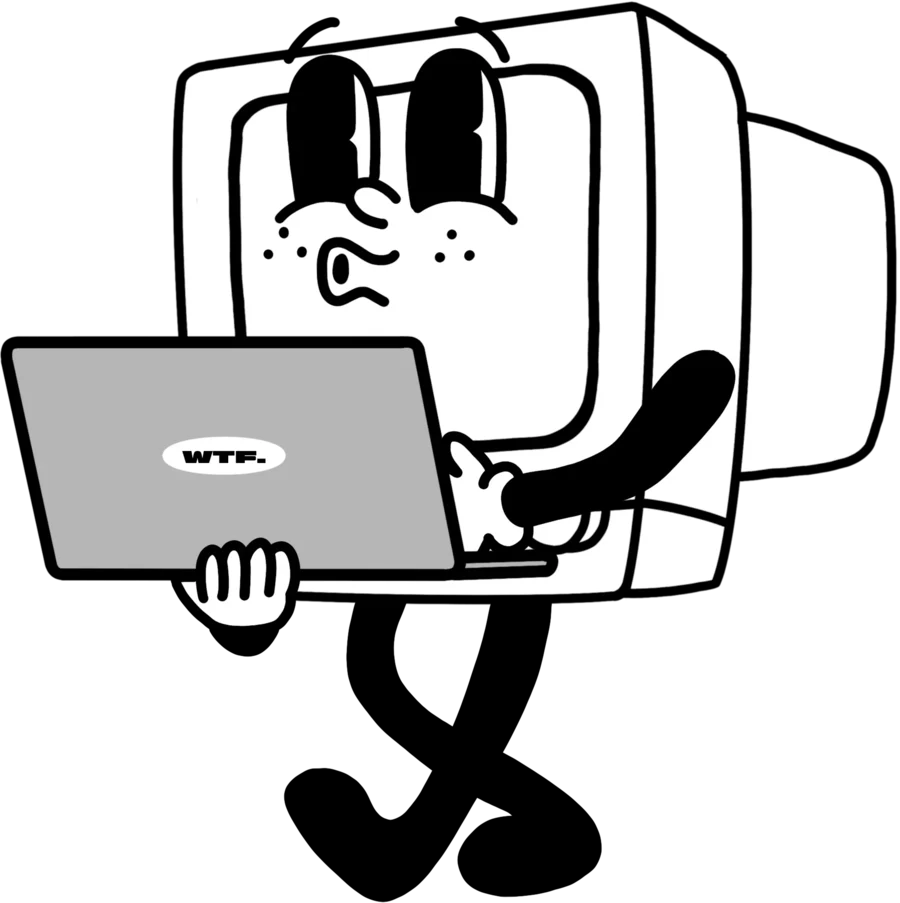 Black and white cartoon of a character drawing at a CRT computer, with a laptop marked WTF