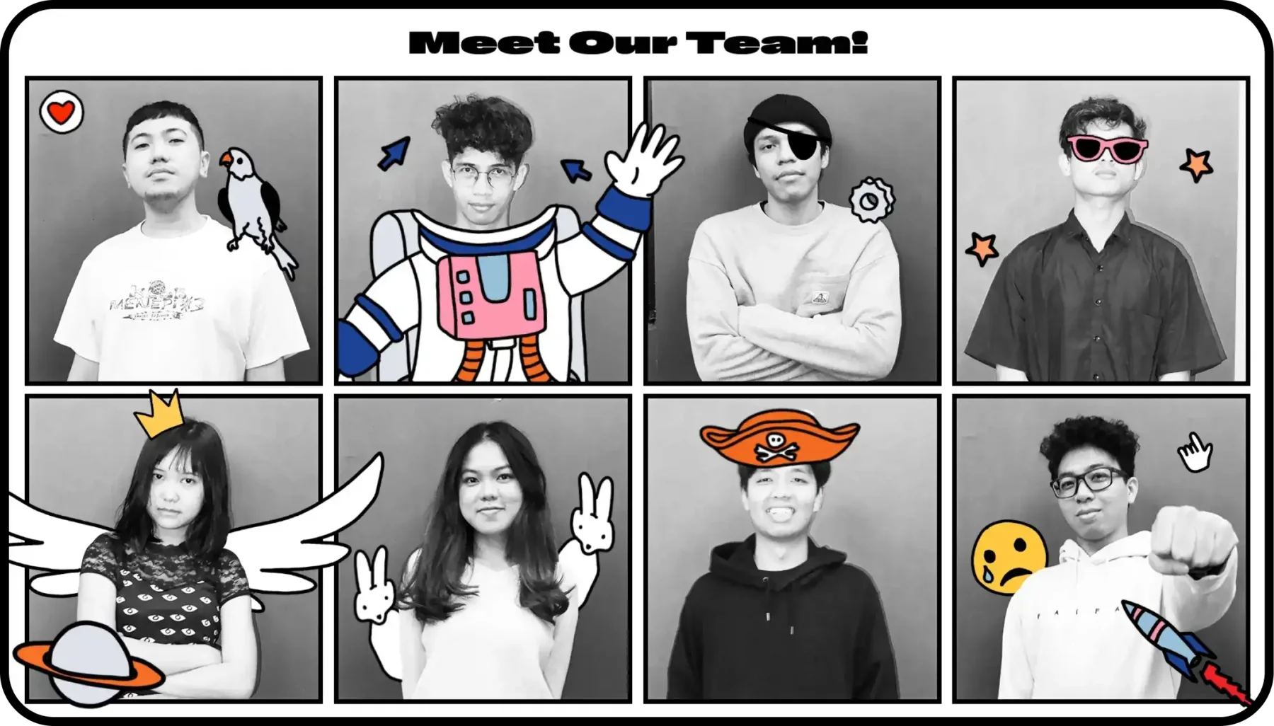 The WhatTheFun team in a black and white photo booth strip, decorated with hand drawn stickers